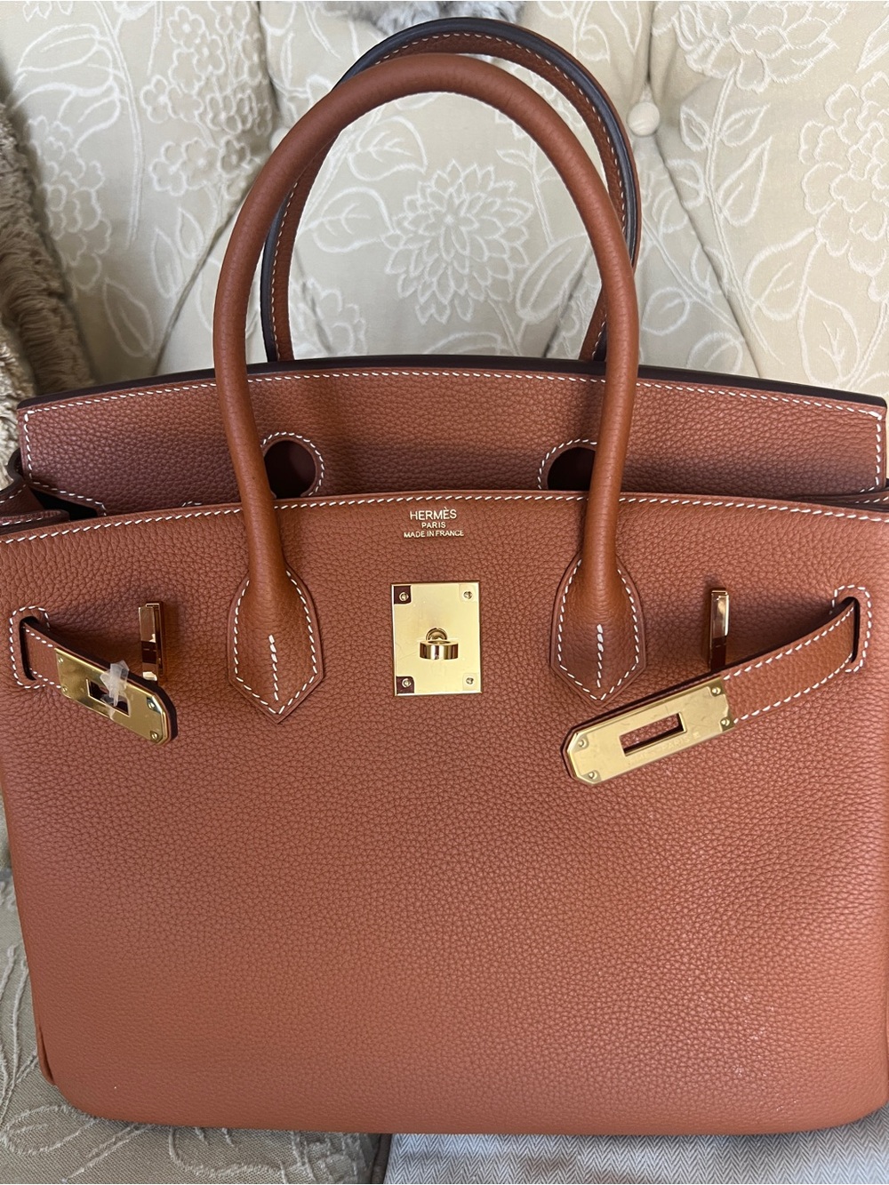 Hermès-Style Cognac Leather Top-Handle Tote Bag - Picture 6 of 9